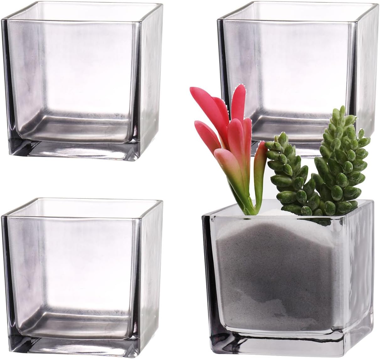 Square Flower Vases Set of 4, 3"x 3"x 3" Glass Vases for Centerpieces, Grey Vase for Flowers, Small Vase for Wedding, Party, Home Office Decoration