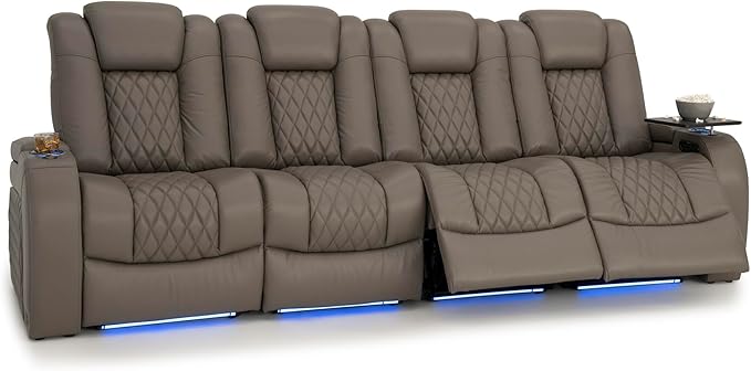 Seatcraft Diamante Zero-Gravity CoolZero Italian Leather Home Theater Seating, Power Headrest, Power Recline, Row of 4 Sofa, Gray