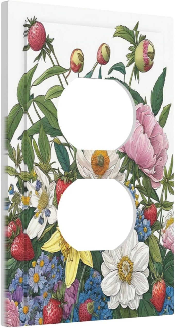 Spring Watercolor Flower Plant Strawberry Peony Floral Outlet Covers 1 Gang Duplex Electrical Receptacle Faceplate Light Switch Cover Wall Plate Decorative Switch Plates for Bedroom living Room Decor