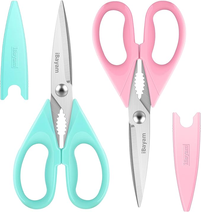 iBayam Kitchen Scissors - All Purpose Heavy Duty Meat Scissors, Poultry Shears, Dishwasher Safe, Stainless Steel, 2-Pack, Pastel Pink, Mint Blue