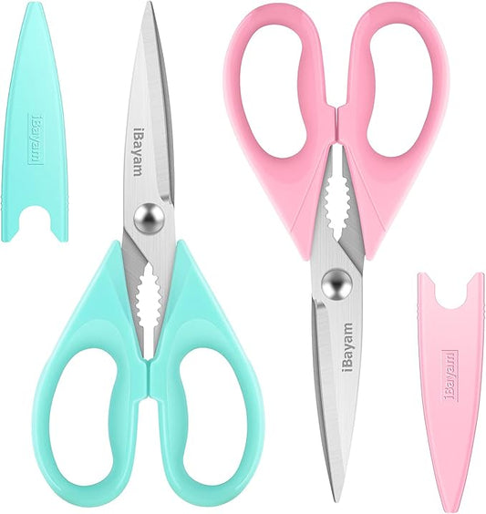 iBayam Kitchen Scissors - All Purpose Heavy Duty Meat Scissors, Poultry Shears, Dishwasher Safe, Stainless Steel, 2-Pack, Pastel Pink, Mint Blue