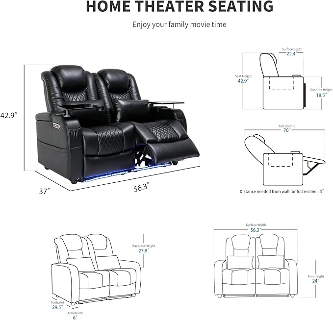 Home Theater Seating Seats, Game Movie Theater Chairs Theater Recliner Sofa with 7 Colors Ambient Lighting, Lumbar Pillow, Side Pocket, Tray Table, Power Recline, Black