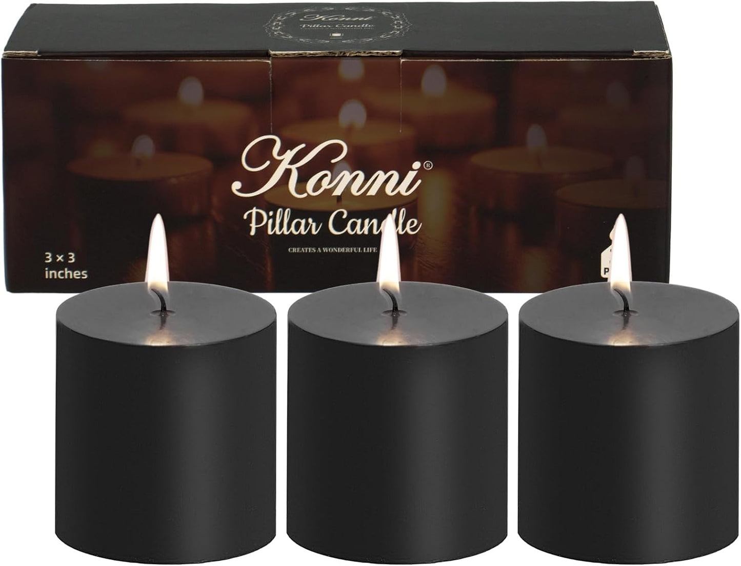 KONNI Black Pillar Candles Set of 3, 3"x 3" Unscented Pillar Candles Bulk, 30 Hours Long Burning Candles, Smokeless&Dripless Large Round Candle for Wedding, Home Decoration, Parties, Spas, Dinner