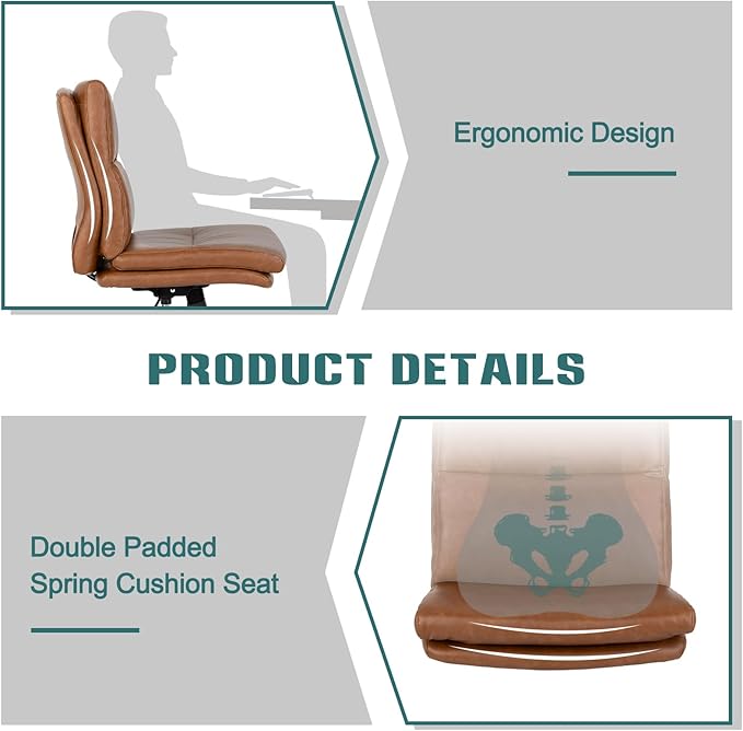 LUCKWIND Armless Office Desk Chair with Wheels, Mid-Back Criss Cross Swivel Task Chair, Height Adjustable Cushioned Vanity Chair, Double Padded PU-Leather Chairs for Home, Office & Bedroom (Brown)