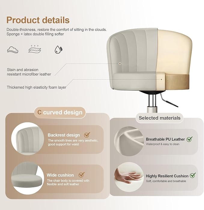 Small Desk Chair Round Rolling Chair with Back PU Leather Height Adjustable Swivel Vanity Work Computer Stool Chair for Home Office Bedroom