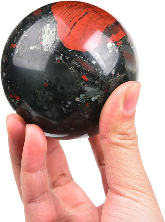 JIC Gem African Bloodstone Crystal Ball Natural Quartz Crystal Sphere Stone Ball with Wooden Base (70-80mm)