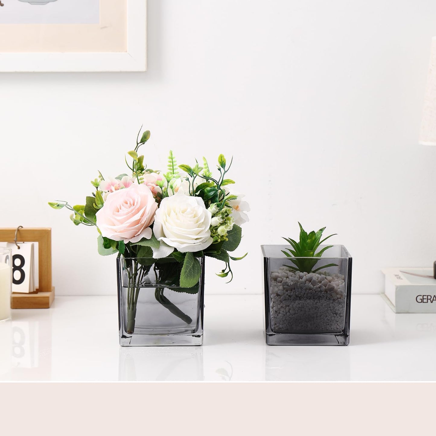 Square Glass Vases Set of 6, 4" x 4" x 4" Square Flower Vases for Centerpieces, Grey Vase for Flowers, Small Vase for Wedding, Party, Home Office Decoration