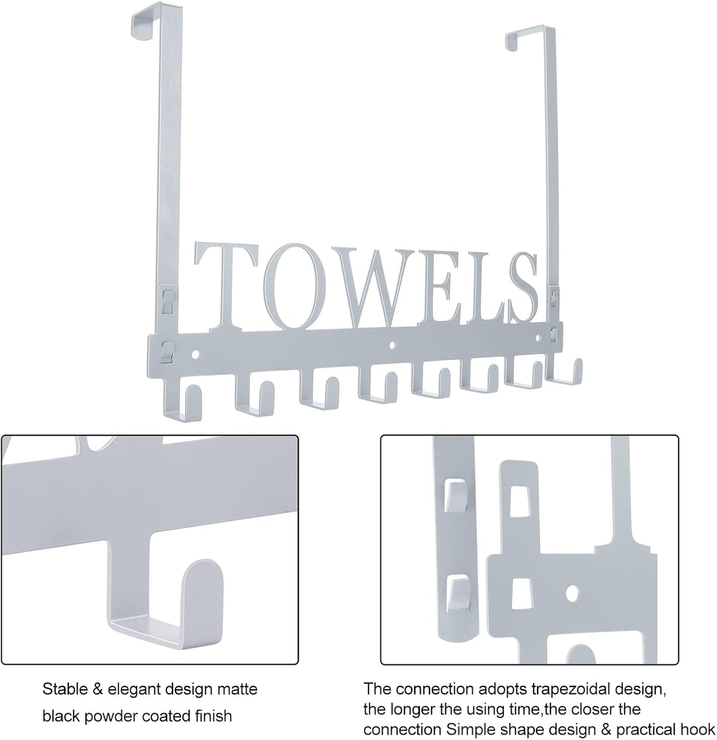 Over The Door Hooks, Heavy Duty Wall Mount Towel Hanger with 8 Hooks for Bedroom, Bathroom, Kitchen Towels, Silver