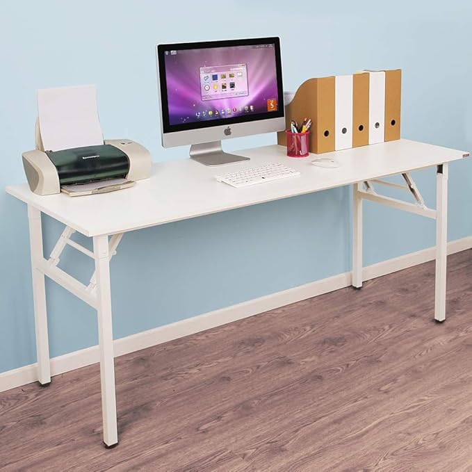 DlandHome Computer Desk 62 inches Office Desk Computer Table Study Writing Desk Workstation for Home Office Metal Frame No Install Needed White and White