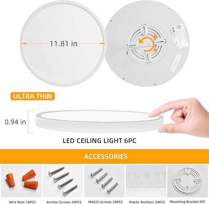 Hlite 6pack 12 inch Flush Mount LED Ceiling Light Fixture,24W 2400LM Super Slim Light Fixtures Ceiling Mount 3000K/4000K/5000K 3CCT Selectable,Light Fixtures for Kitchen,Bedroom (White)