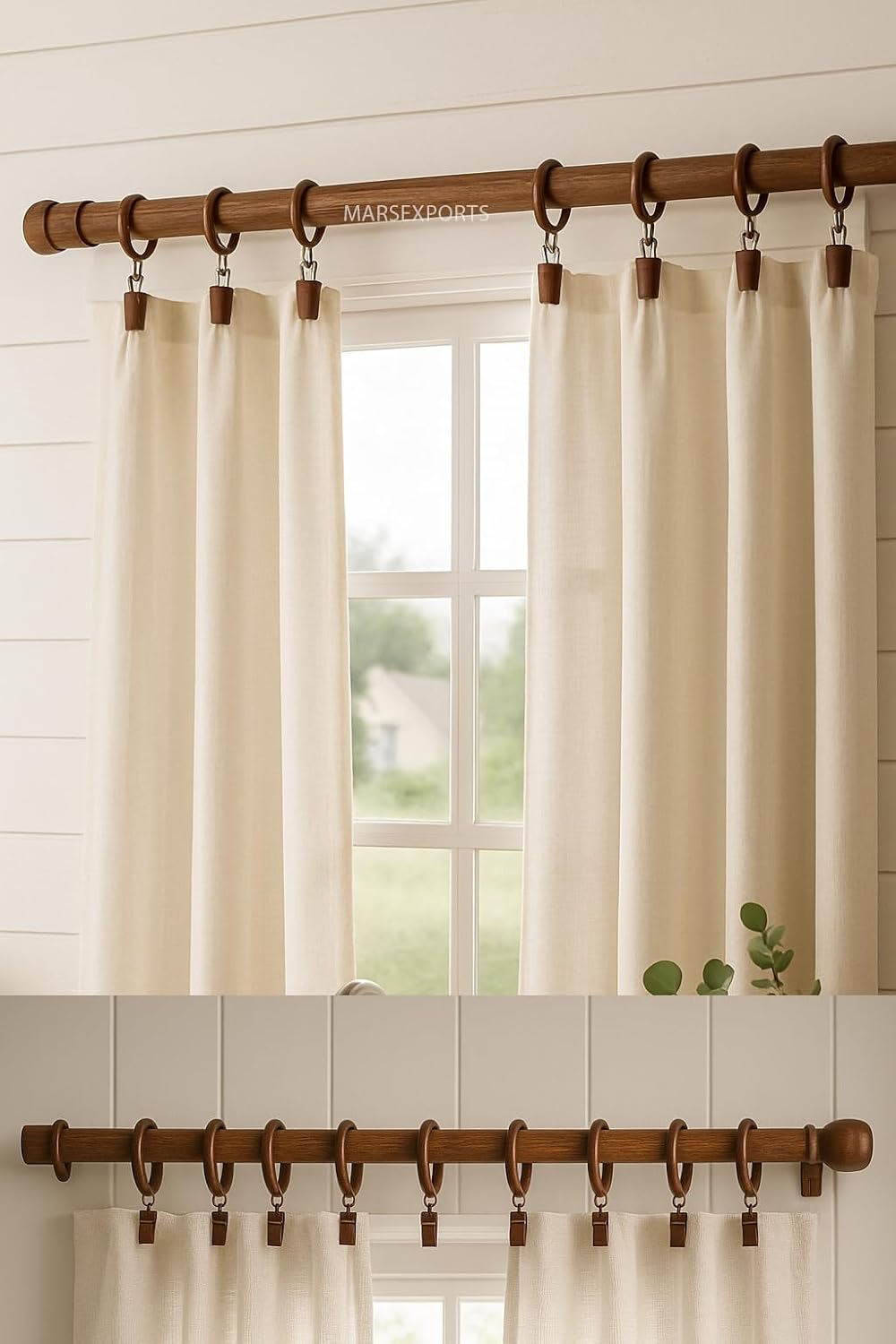 24 Pcs Curtain Rings with Clips Wooden, 2 inch for 1 inch Rod, Window Shower Curtain Hooks, Wood Curtain Rod Wood Curtain Rings with Eyelet, Drapery Rings, (24, 1.25 INCH Inner Dia)