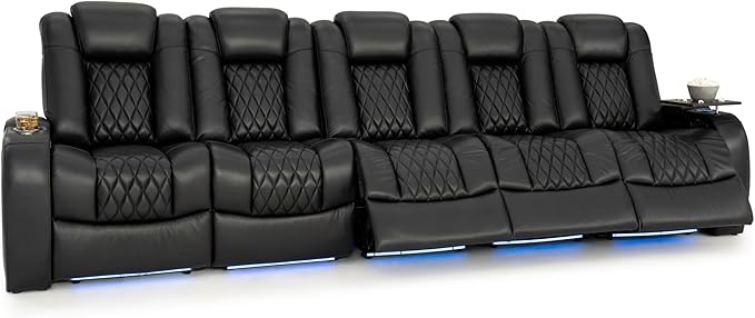 Seatcraft Diamante Zero-Gravity CoolZero Italian Leather Home Theater Seating, Power Headrest, Power Recline, Row of 5 Sofa, Black