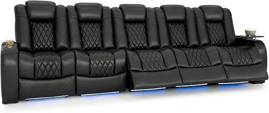 Seatcraft Diamante Zero-Gravity CoolZero Italian Leather Home Theater Seating, Power Headrest, Power Recline, Row of 5 Sofa, Black
