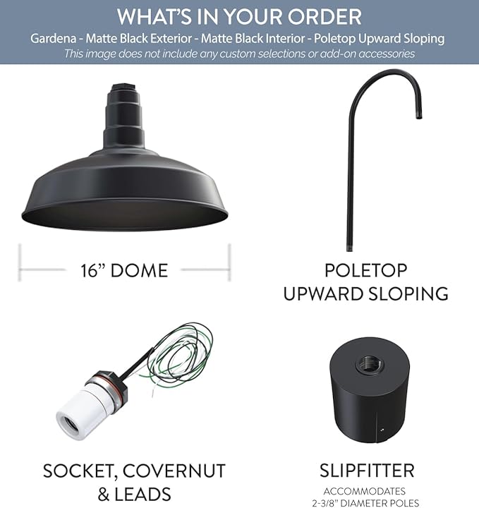 Steel Lighting Co. Gardena Barn Light | Outdoor Pole Top Mounted | 16" Dome | Upslope Gooseneck with Slip Fitter for 2-3/8" Standard Poles | Made in America | Matte Black Exterior/Matte Black Interior