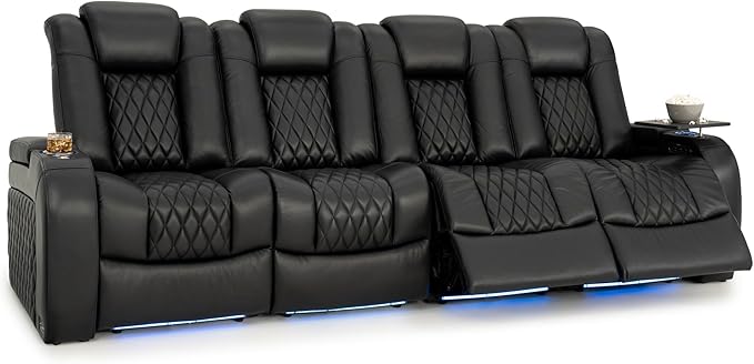 Seatcraft Diamante Zero-Gravity CoolZero Italian Leather Home Theater Seating, Power Headrest, Power Recline, Row of 4 Sofa, Black