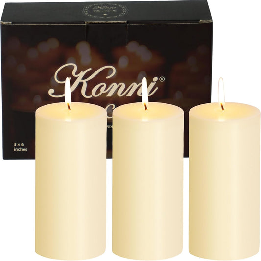 KONNI Ivory Pillar Candles Set of 3, 3"x 6" Unscented Pillar Candles Bulk, 56 Hours Long Burning Candles, Smokeless&Dripless Large Round Candle for Wedding, Home Decoration, Parties, Spas, Dinner