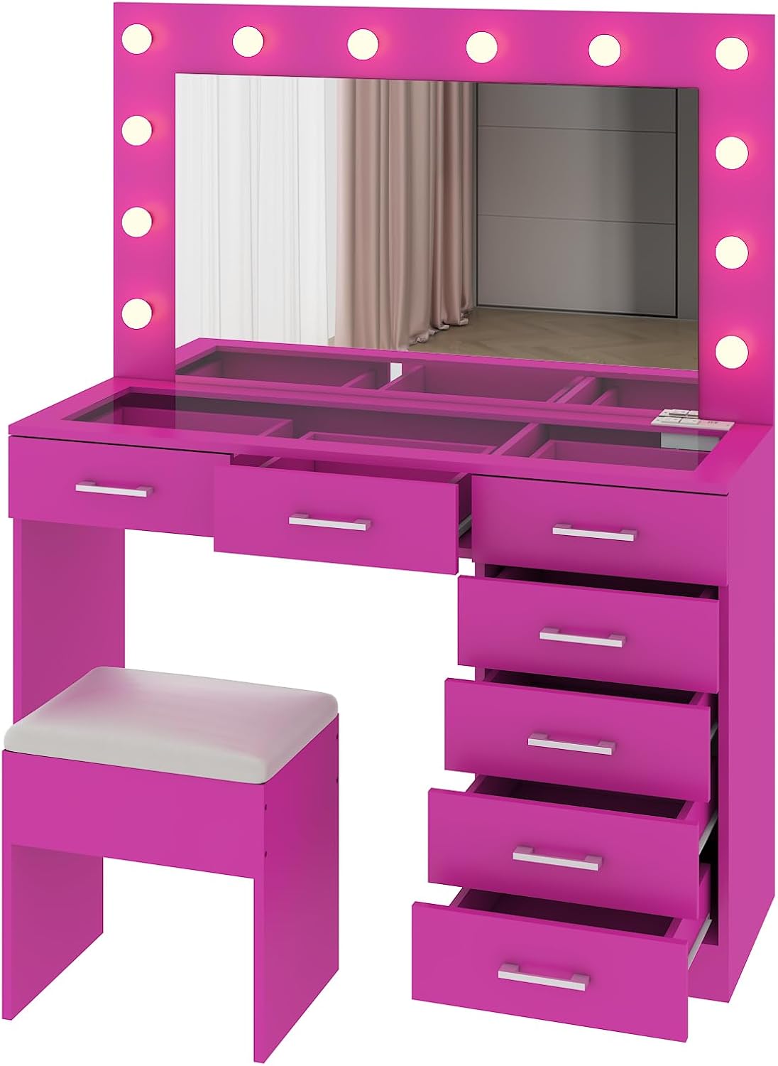 Karl home Vanity Desk with Large Lighted Mirror & Powre Outlet, Glass Tabletop Makeup Vanity Set with 7 Drawers, 45.3" Vanity Table with 3 Color Lighting Modes, Dressing Table for Women Girls, Pink