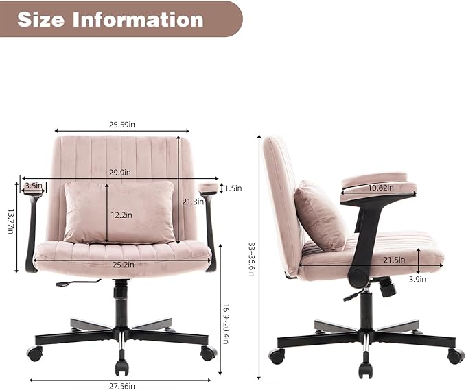 Furnimart Criss Cross Desk Char Wide Seat with Wheels and Arms, 360° Swivel Cross Legged Desk Chair Thick Cushion, Velvet Comfy Armless Home Office Chair for Bedroom, Vanity, Sturdy (Light Pink)