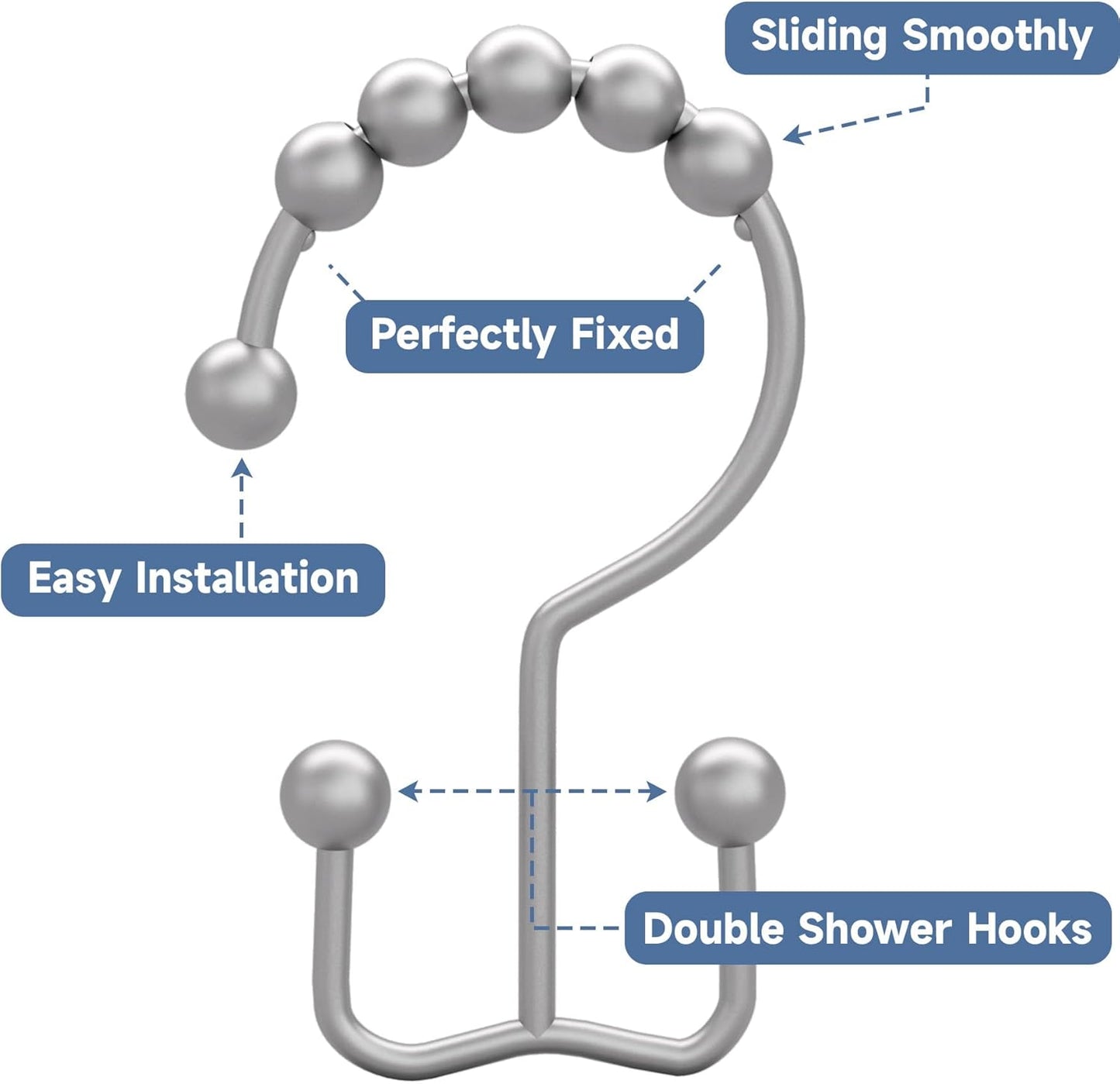 Titanker Shower Curtain Hooks Rings, Rust-Resistant Metal Double Glide Shower Hooks for Bathroom Shower Rods Curtains, Set of 12 Hooks - Space Silver