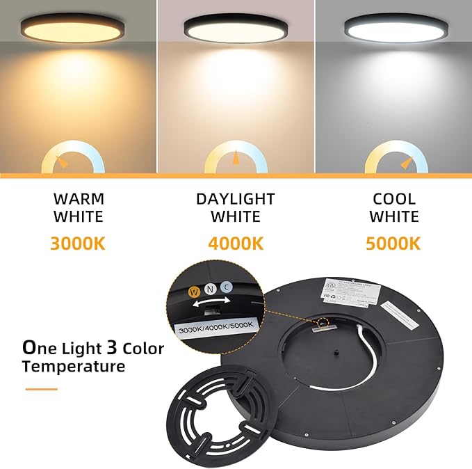 Hlite 6pack 12 inch Flush Mount LED Ceiling Light Fixtures, 24W 2400LM Super Slim, 3CCT Selectable (3000K/4000K/5000K), for Kitchen, Bedroom (Black)