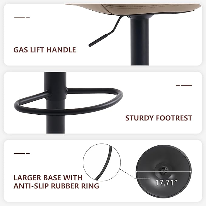 Kidol & Shellder Bar Stools Set of 2 Adjustable Swivel Khaki, PU Leather Upholstered with Back, Modern Counter Height Stools for Kitchen Island, Home Bar