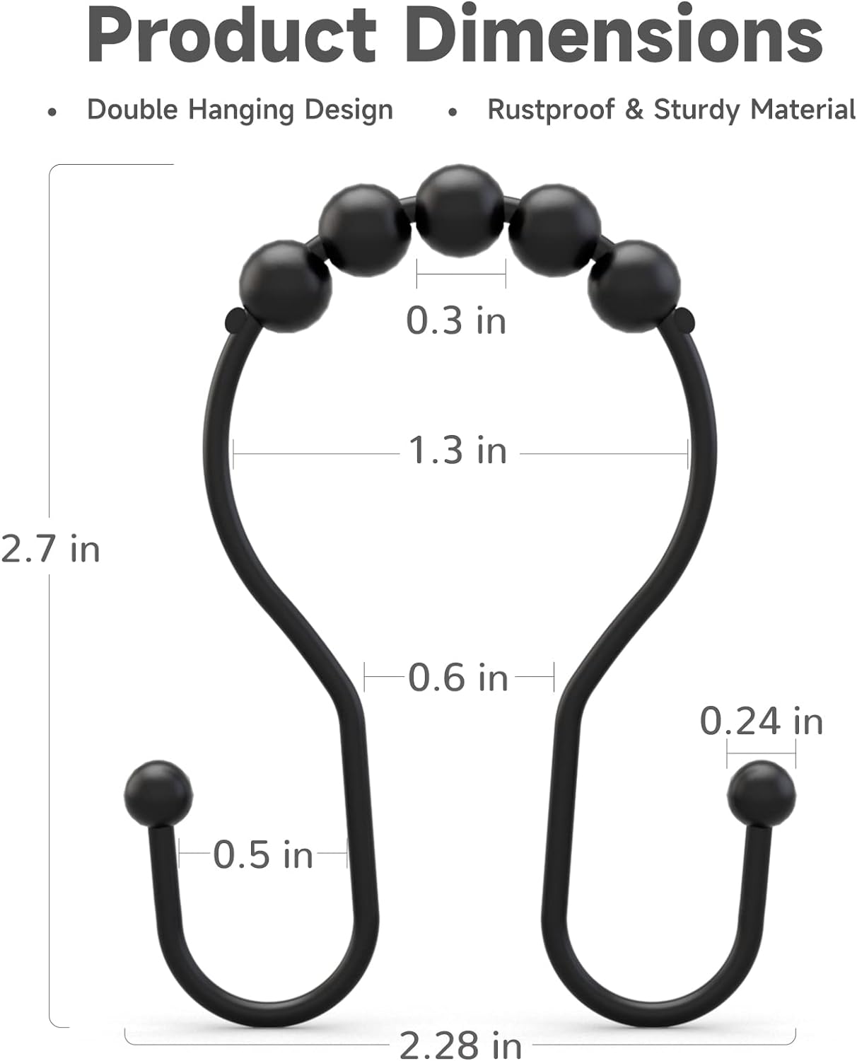 Shower Curtain Hooks Shower Curtain Rings Black Shower Curtain Hooks RustProof Smooth Metal Double Shower Curtain Hook, Shower Hooks for Shower Curtain Liner Bathroom Shower Rod Hook