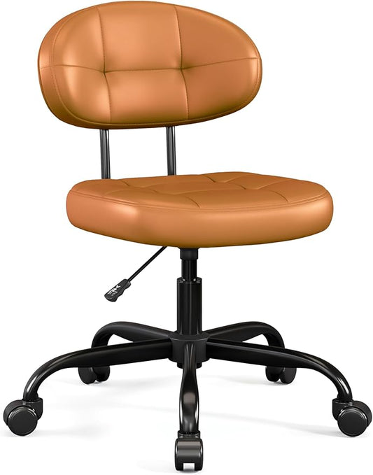 Misolant Vanity Chair with back, Small Armless Cute office Chair with wheels and Lumbar support, Comfy PU Leather Desk Computer Chairs with Adjustable Height, 360°Swivel for Home Bedroom Office, Brown