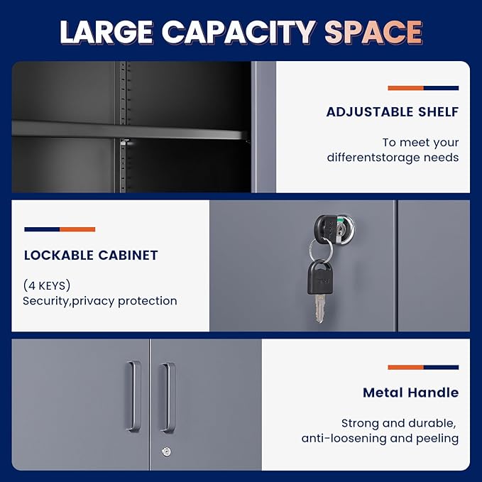 Yizosh Metal Storage Locking Cabinet with 4 Doors and 2 Adjustable Shelves,71" Lockable Garage Tall Steel Cabinet,for Home Office,Living Room,Pantry,Gym,Commercial Storage (Gray Black)