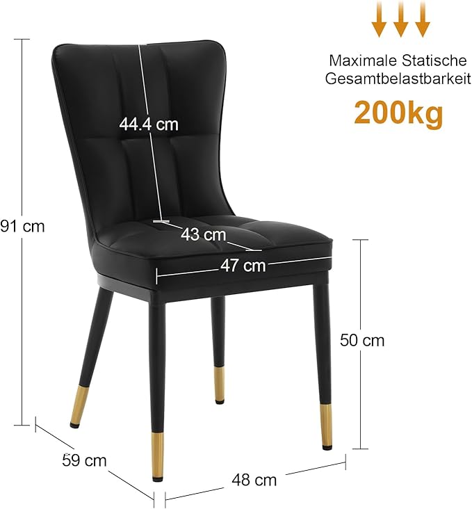 High-Back Faux Leather Dining Chairs Set of 2, Modern Sturdy Upholstered Accent Side Chair Deep Sponge Padded Seat with Metal Legs for Kitchen Dining Living Room Bedroom (Black)