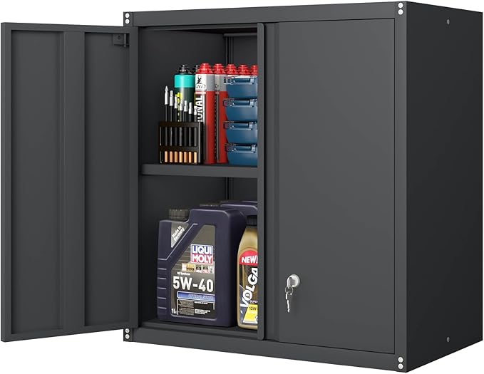 LUCYPAL Metal Wall Storage Cabinet with 2 Locking Doors and Adjustable Shelves,Garage Wall Cabinets,Steel Lockable Storage Cabinet for Home Office,Garage,Warehouse Black