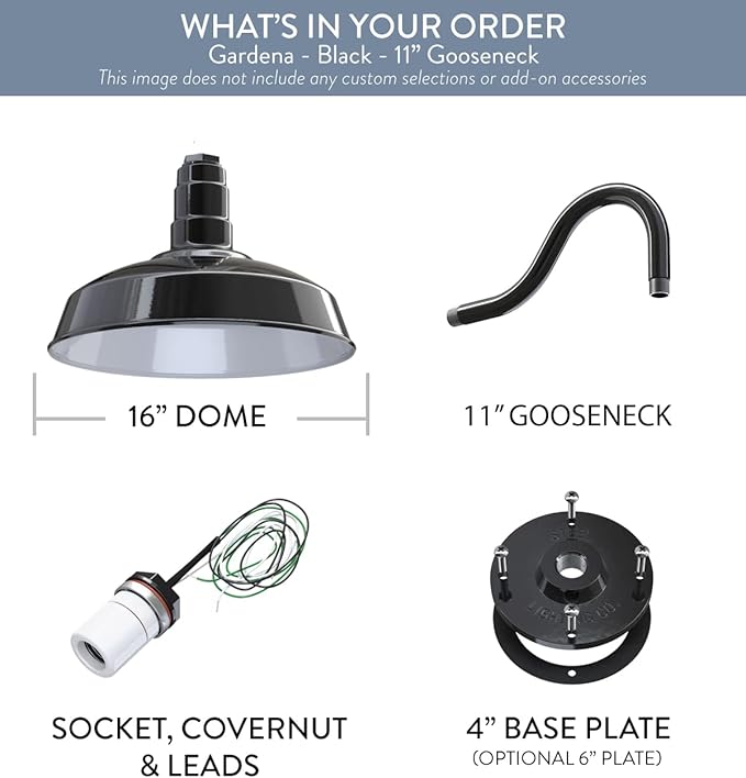 Steel Lighting Co. Gardena Barn Light | Outdoor Wall Mounted | 16" Dome | 11" Gooseneck | Farmhouse Light Made in America | Black Exterior/White Interior