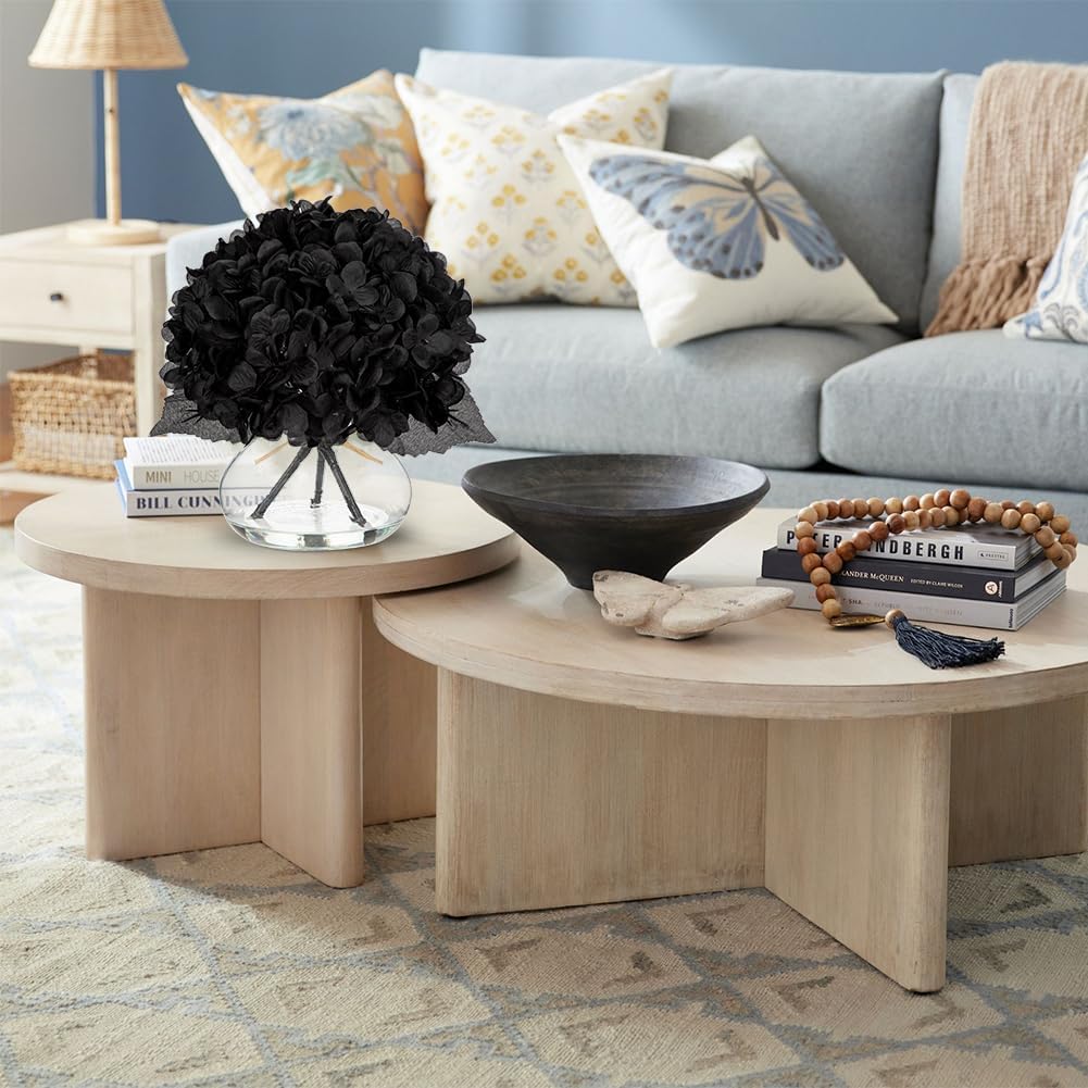 Hollyone Hydrangea Fall Flowers Artificial for Decoration with Glass Vase Black Silk Faux Flowers Arrangements in Vase with Faux Water Fake Floral Bouquet Table Centerpiece Fall Decorations for Home