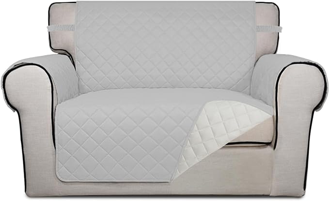 PureFit Reversible Quilted Sofa Cover, Water Resistant Slipcover Furniture Protector, Washable Couch Cover with Non Slip and Elastic Straps for Kids, Dogs, Pets (Oversized Chair, Light Gray/Ivory)