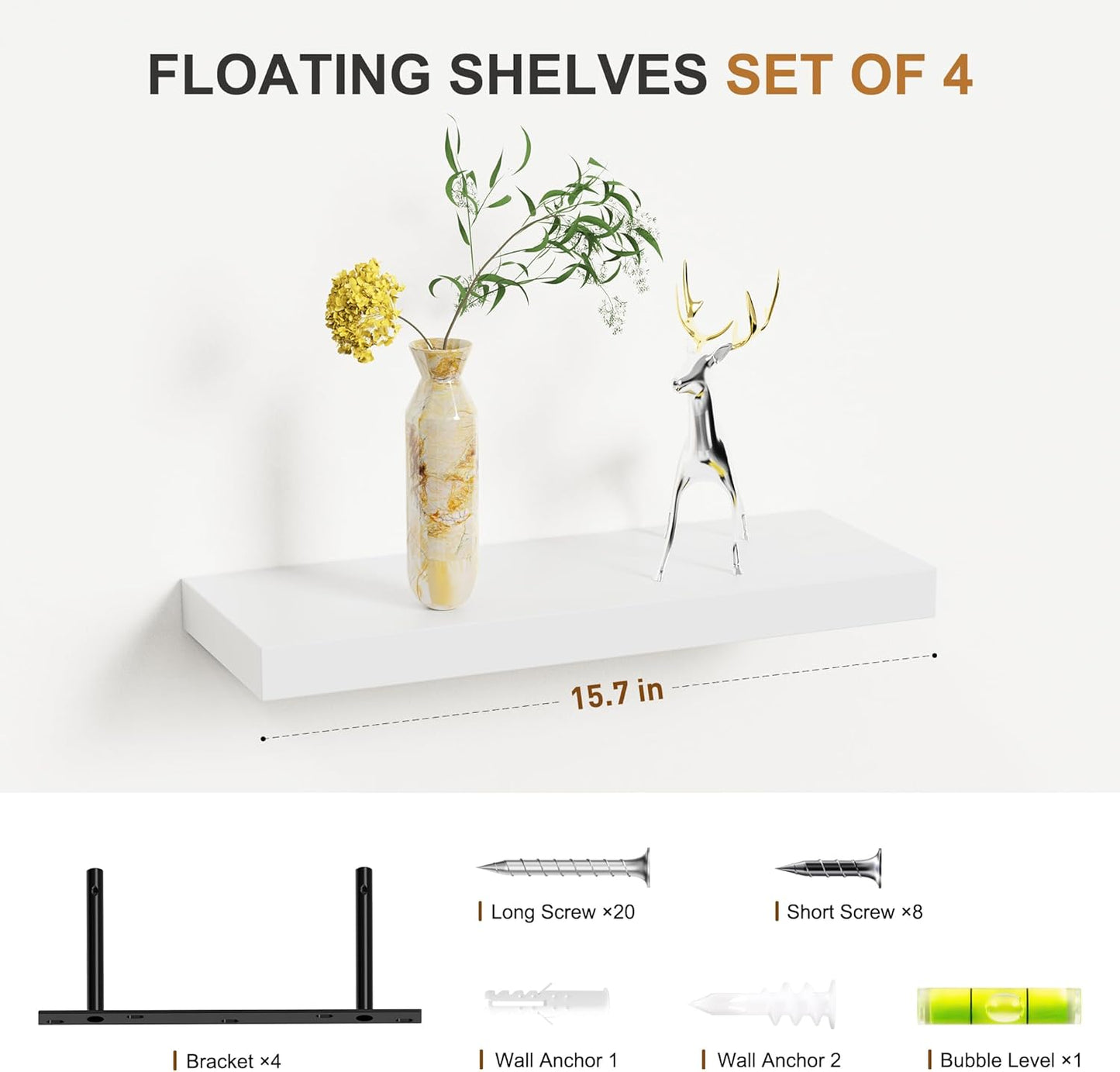 Bellsal Floating Shelves for Wall, White Engineered Wood Wall Shelf Set of 4, 16" Wall Mounted Floating Shelf for Kitchen, Living Room, Bedroom, Bathroom Storage, Book Shelf for Walls Home Decor