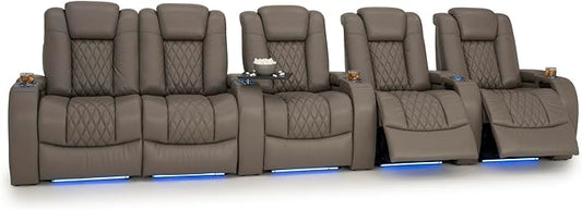 Seatcraft Diamante Zero-Gravity CoolZero Italian Leather Home Theater Seating, Power Headrest, Power Recline, Row of 5 Left Loveseat, Gray