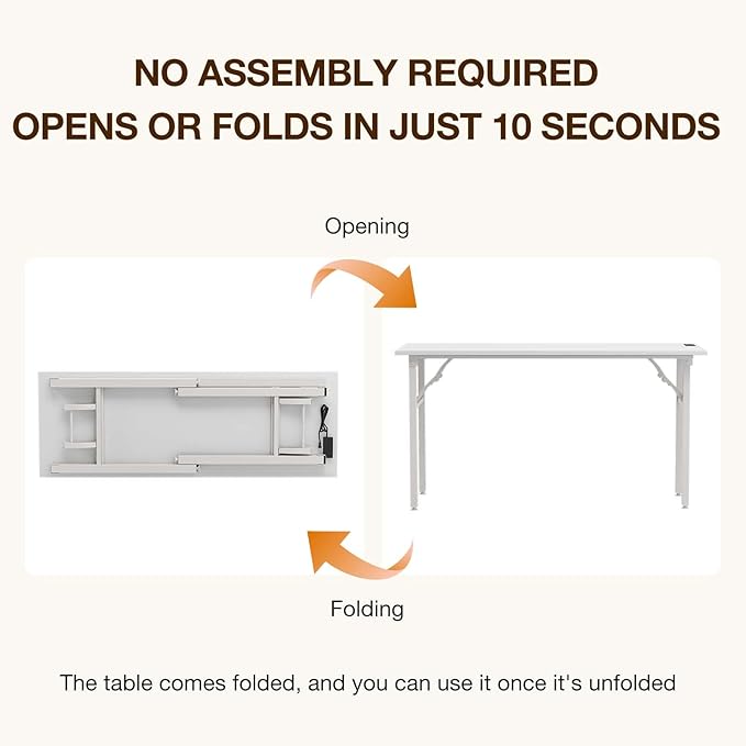 TEMI Long Computer Desk Folding Table - No Assembly, Compact 55.1" Foldable Desk with Power Outlets & USB Charging Port, Portable Lagre Office Desk, Ideal Large Study Table for Narrow Spaces