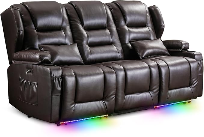SAMERY Power Loveseat Recliner Sofa with Adjustable Split Back, Multi-Port Charger, Flip-Up Backrest & LED Lighting - Home Theater Seating with Storage, Cup Holders, Brown Faux Leather Loveseat