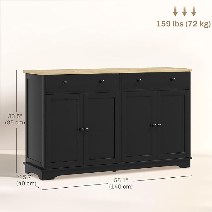 HOMCOM Sideboard Buffet Cabinet with Storage, 55" Modern Kitchen Cabinet with 4 Doors, 2 Drawers and 2 Adjustable Shelves, Coffee Bar, Black