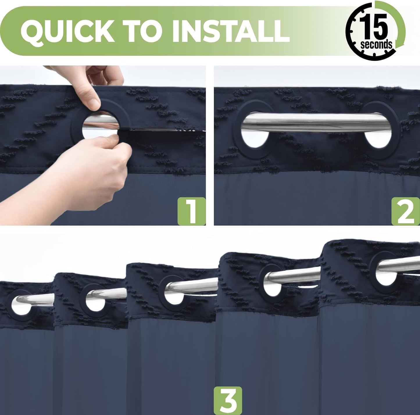 No Hook Shower Curtain with Snap in Liner, Tufted Chevron Striped Shower Curtain Set for Bathroom, Boho Waterproof and Washable Shower Curtains, 71Wx74H, Navy Blue