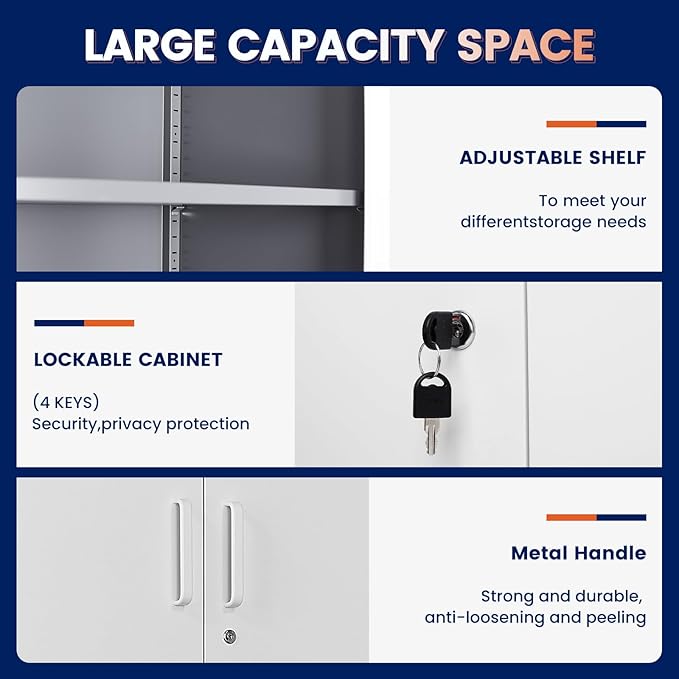 Yizosh Metal Storage Locking Cabinet with 4 Doors and 2 Adjustable Shelves,71" Lockable Garage Tall Steel Cabinet,for Home Office,Living Room,Pantry,Gym,Commercial Storage (Gray White)