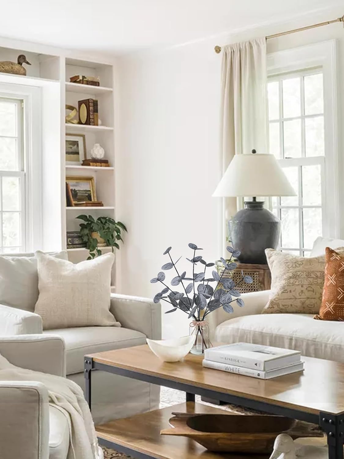 Artificial Eucalyptus Stems in Glass Vase with Faux Water, 14" Fake Plants for Home Decor, Coffee Table Centerpieces, Office, Bathroom & Farmhouse Weddings - Faux Plants Decorations