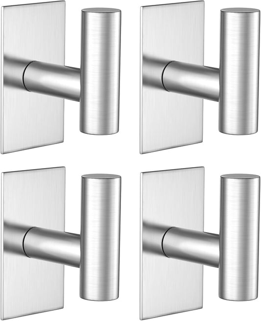 VAEHOLD Wall Towel Hooks, Heavy Duty Sticky Holder Waterproof Towel Hooks for Hanging Coat, Clothes, Closet Hook Wall Mount for Kitchen (Silver, 4 Pack)