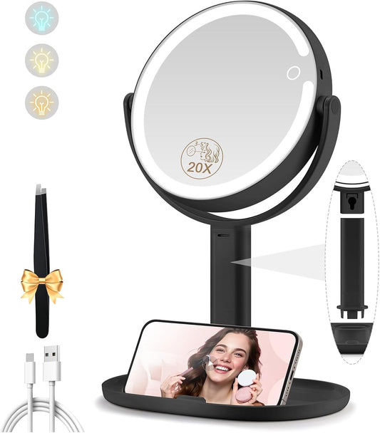 Makeup Mirror with Lights, Double Sided 1x/20x Magnifying Mirror with Light, Rechargeable 3 Color Lights and Adjustable Brightness, 360° Rotation Detachable Comes with Tweezer(Black)