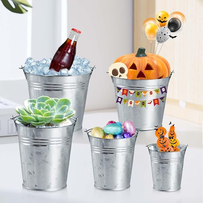 OBTANIM 8 Pack Galvanized Metal Buckets with Handle Ice Pails for Plants, Succulents, Party Favors Organizing, Rustic Home Decor or Classrooms Pencil Storage (7 x 5.1 inch)