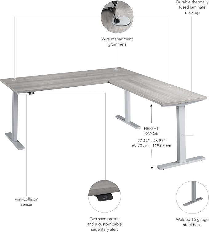 Bush Business Furniture 72-inch Height Adjustable L Shaped Standing Desk, Electric Sit-Stand Corner Computer Table, Ergonomic Office, Move 60 Series, Platinum Gray with Metallic Gray Base