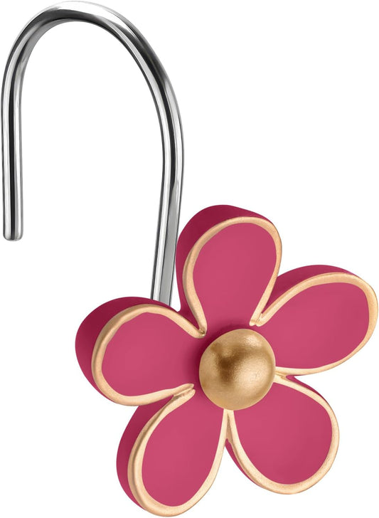 Cute Flower Shower Curtain Hooks, Pretty Floral Themed Elegant Bathroom Decor, Gold/Rose Red