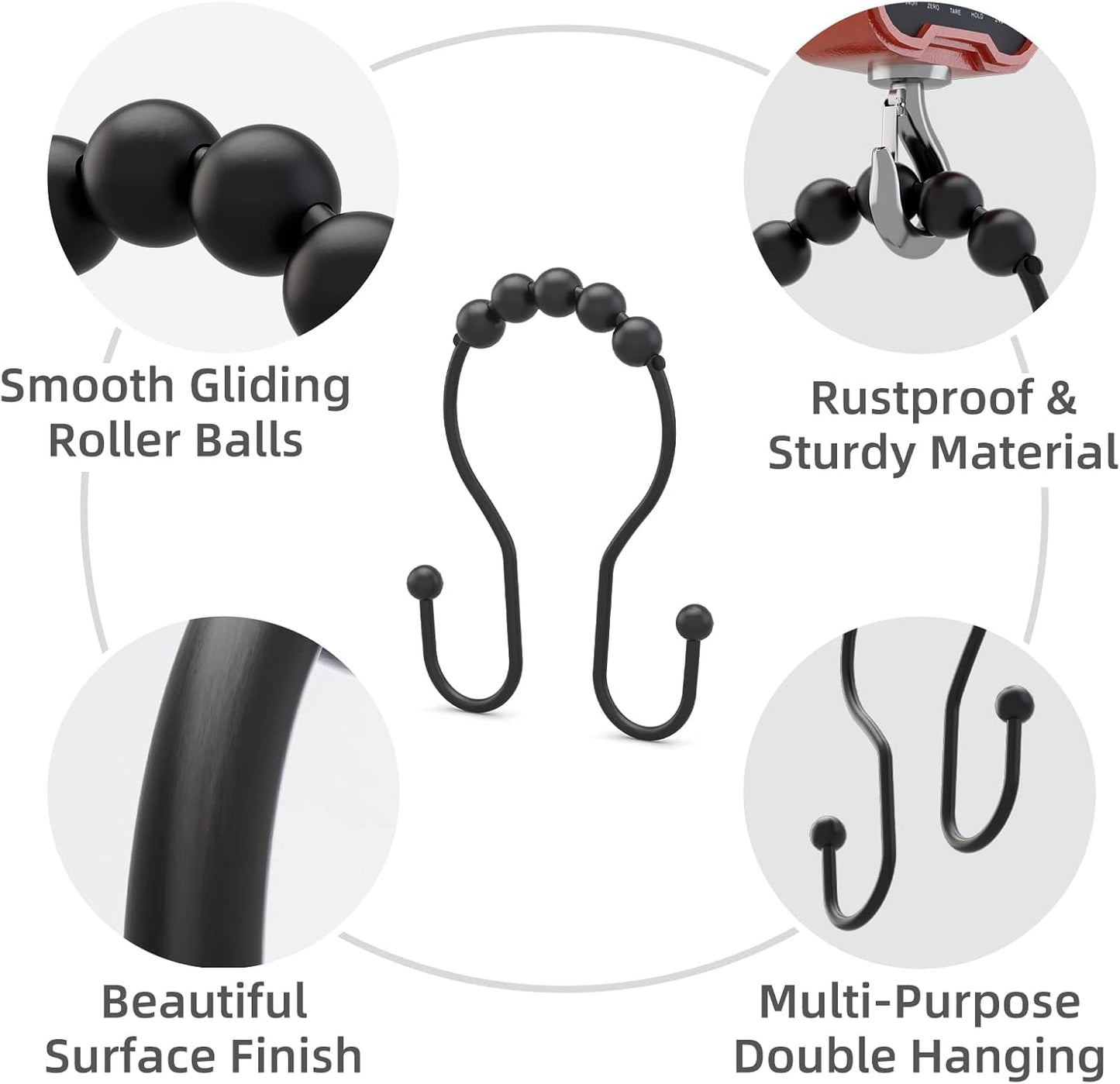 Shower Curtain Hooks Shower Curtain Rings Black Shower Curtain Hooks RustProof Smooth Metal Double Shower Curtain Hook, Shower Hooks for Shower Curtain Liner Bathroom Shower Rod Hook