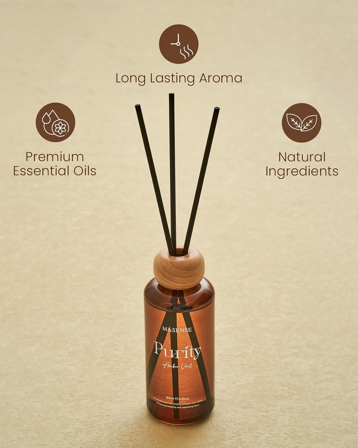 M&SENSE Amber Citrus Reed Diffuser: 6.3 fl oz Lemon & Linen Scented Aroma Set with Light & Subtle Fragrance, Non-Toxic Natural Essential Oil Gifts for Bedroom Shelf Decor Small Spaces