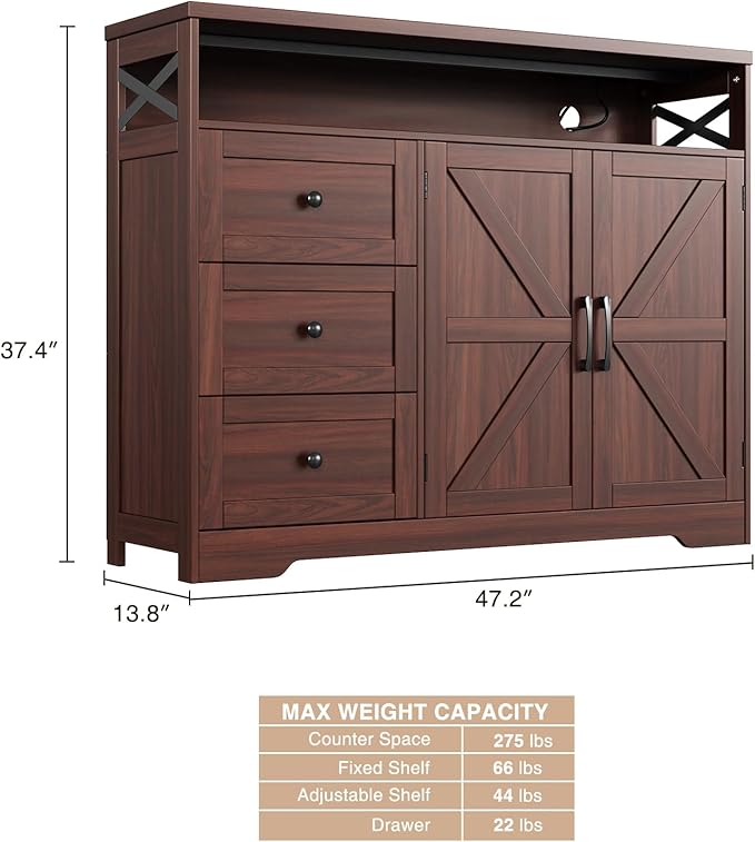 47" Dark Brown Farmhouse Storage Cabinet with Barn Doors and Drawers, Sideboard Buffet Cabinet with Storage, Kitchen Pantry Hutch, Coffee Bar Station Table for Kitchen, Living, Dining Room