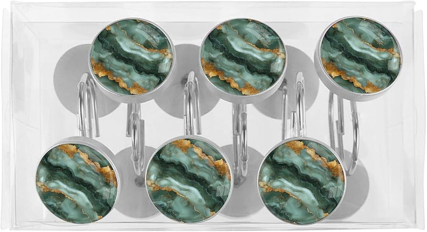Marbling Shower Curtain Hooks,12 Pcs Rust Proof Glass Surface Stainless Steel Curtain Rings for Bathroom Bedroom Living Room Kitchen Home Shower Rods Decor